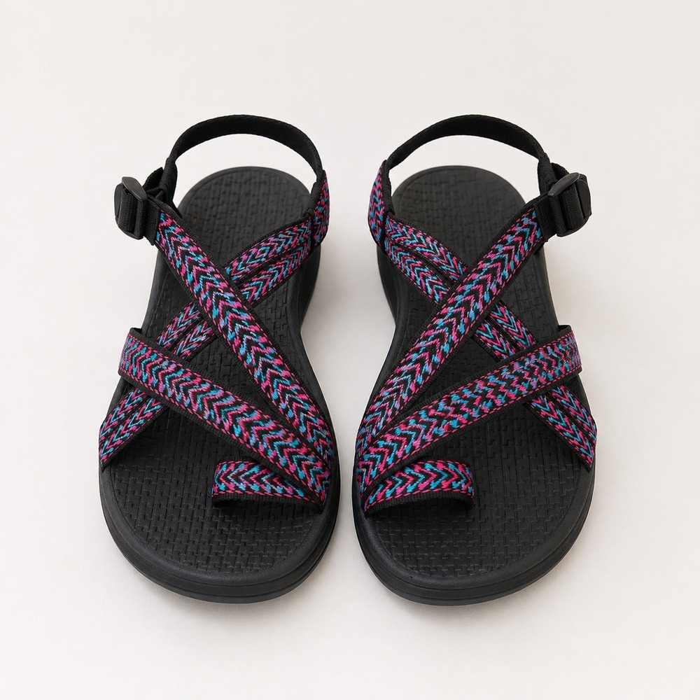 Airwalk Wendelin‎ 7.5 Sport Sandals Black Pink Blue Woven Strappy Outdoor Hiking